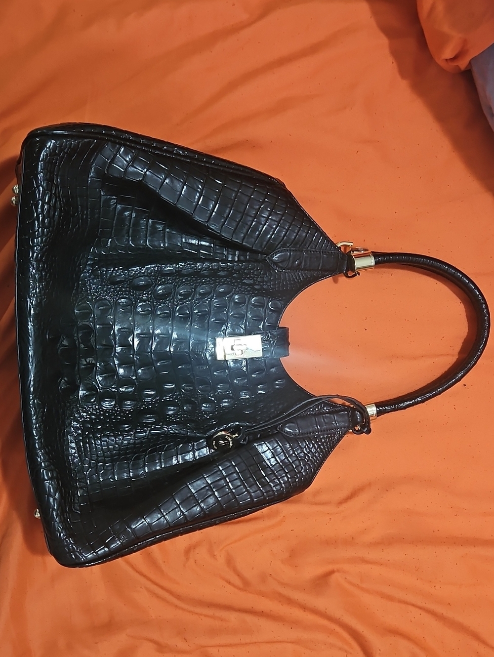 Brahmin Black Croc-Embossed Shoulder Tote with Gold Hardware